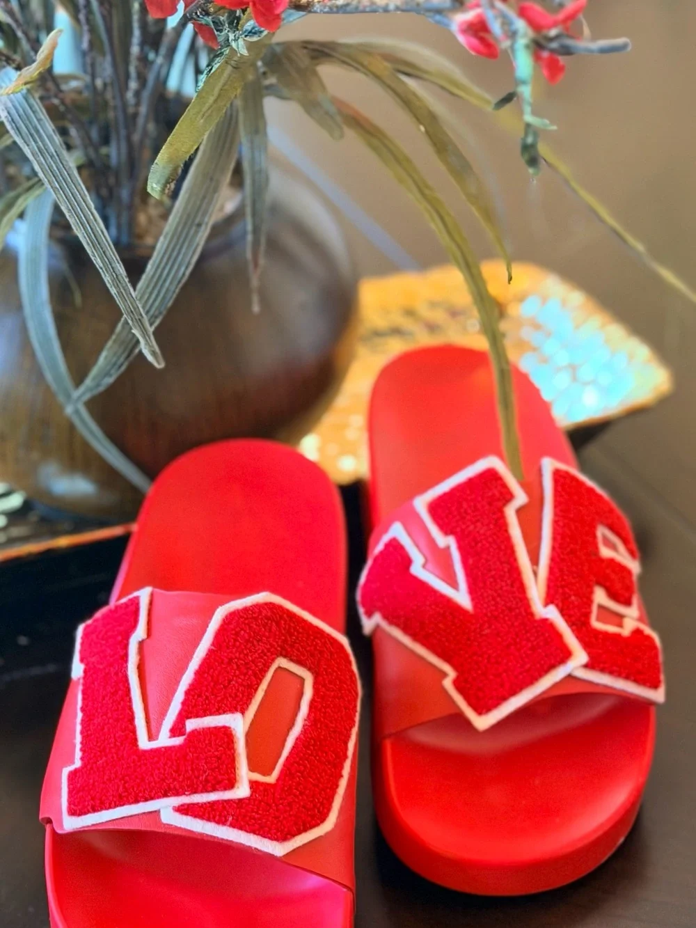 Tory Burch Red 'LOVE' Slide Sandals with Chenille Appliqué